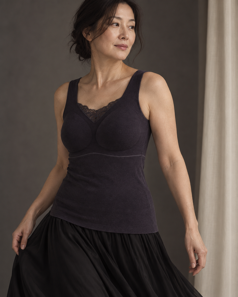 Adult woman wearing the deep-gray lace-trim warm bra tank