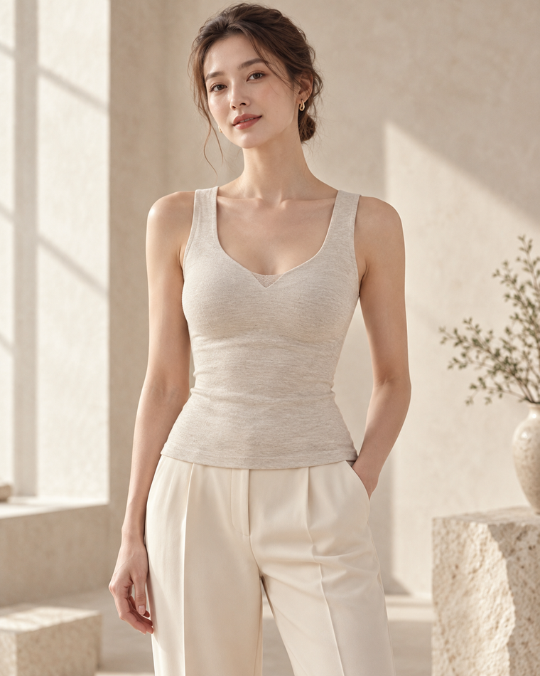 Adult woman wearing the oat wide-strap warm bra tank