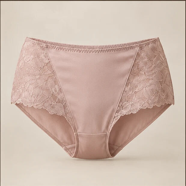 Dusty-rose lace-panel silk brief photographed on a warm neutral background