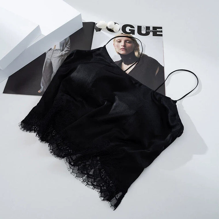 Black lace-hem silk cami