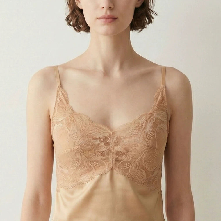 Adult woman wearing the champagne lace V-neck silk cami