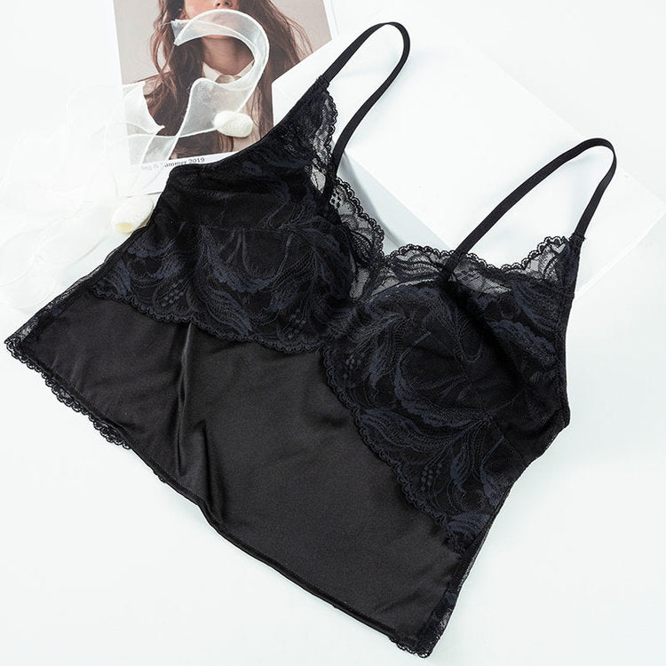 Verified black S298 lace V-neck silk cami photographed flat