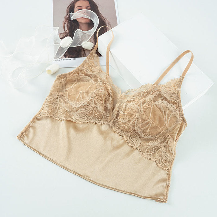 Verified champagne S298 lace V-neck silk cami photographed flat