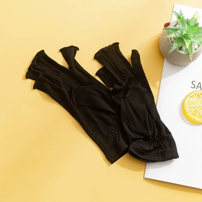 Black silk fingerless gloves