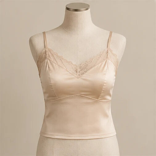 Champagne silk lace-front camisole on a neutral dress form