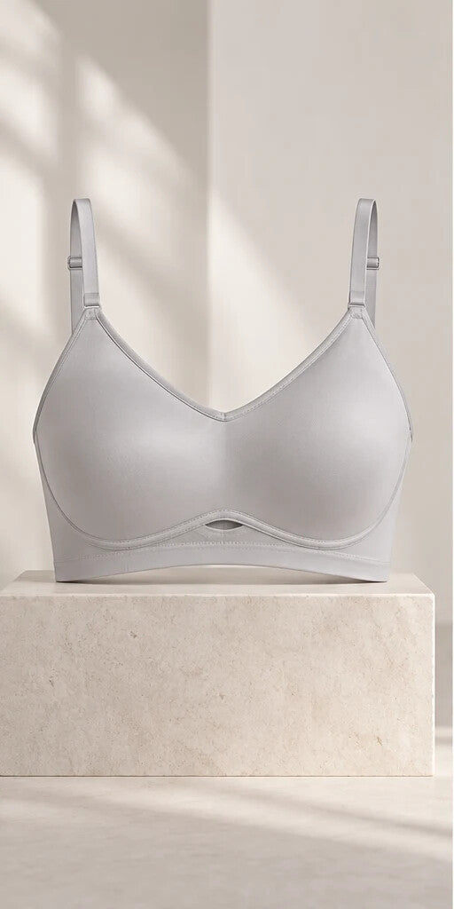 Soft-gray silk contour bralette in the editorial studio