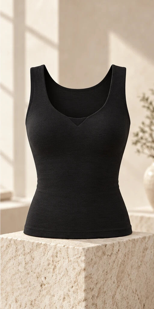 Black wide-strap warm tank in the editorial studio